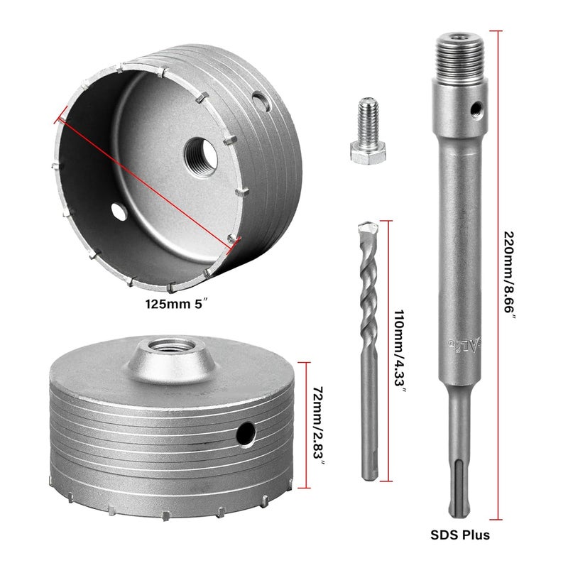 SALI Concrete Hole Saw Kits 5"（125mm） Tungsten Steel Wall Hole Cutter Drill Bit Sets with 220mm SDS Plus Shank Connecting Rod，110mm Center Positioning Drill Bits for Cinder Block,Brick,Adobe Wall - Image 2